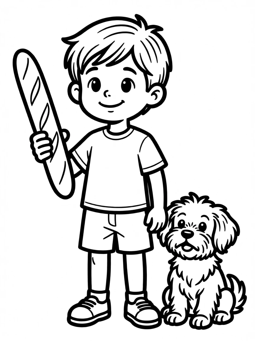 A child holding a baguette and a small dog for France.