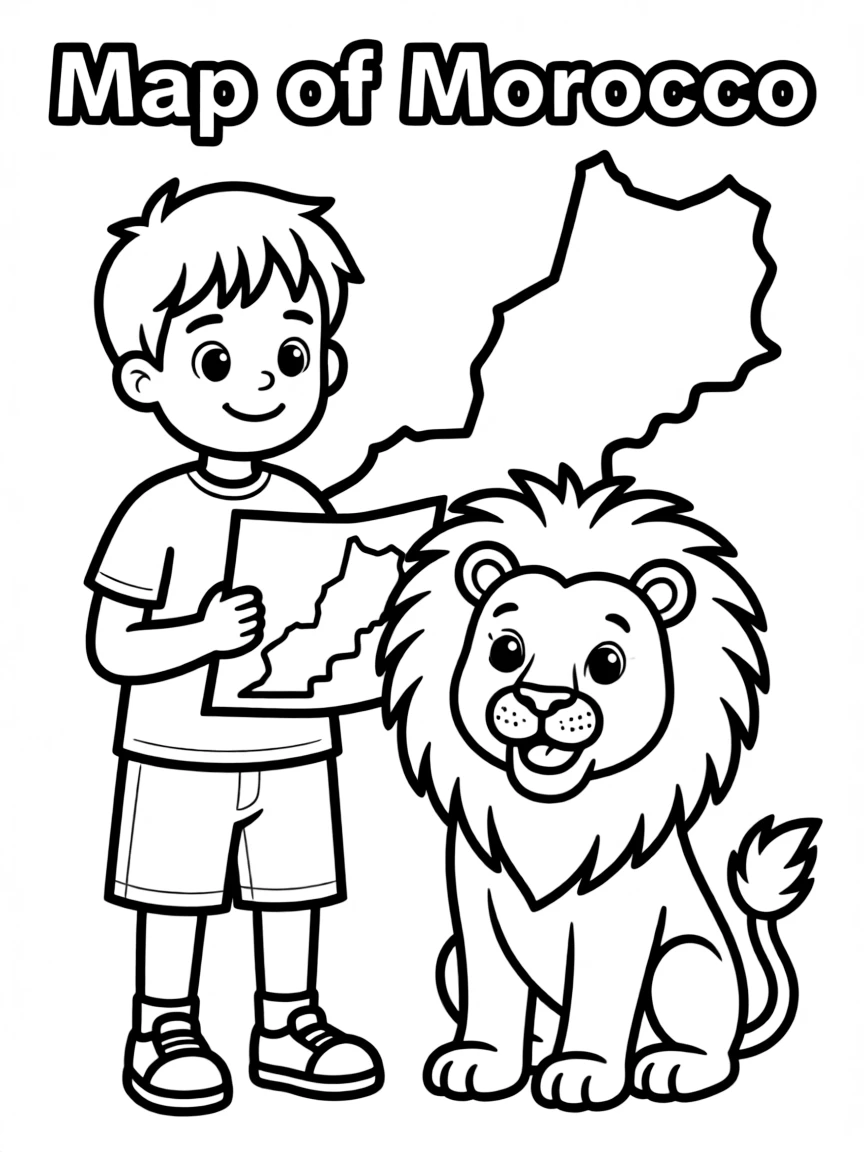 A smiling child with a lion and a map of Morocco.