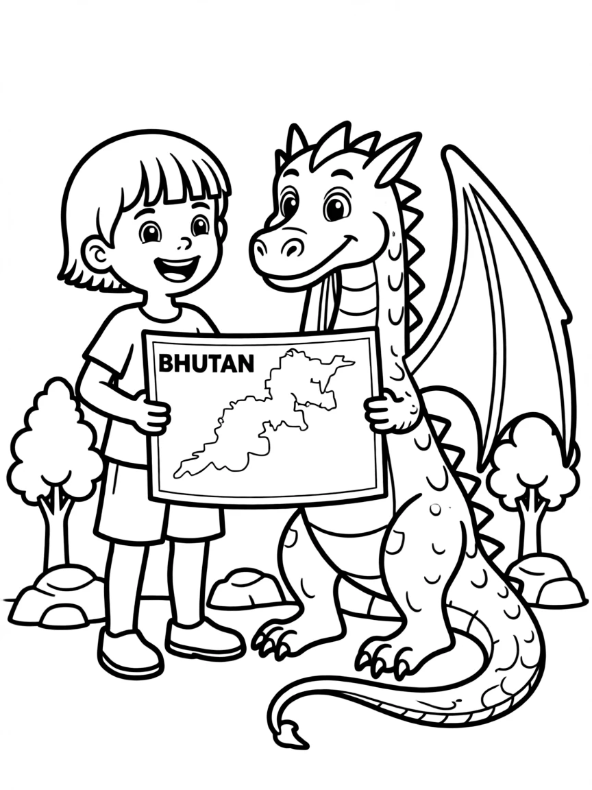 A happy child with a dragon and a map of Bhutan.