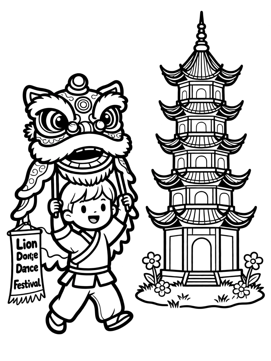 A child with a lion dance and a pagoda for Singapore.