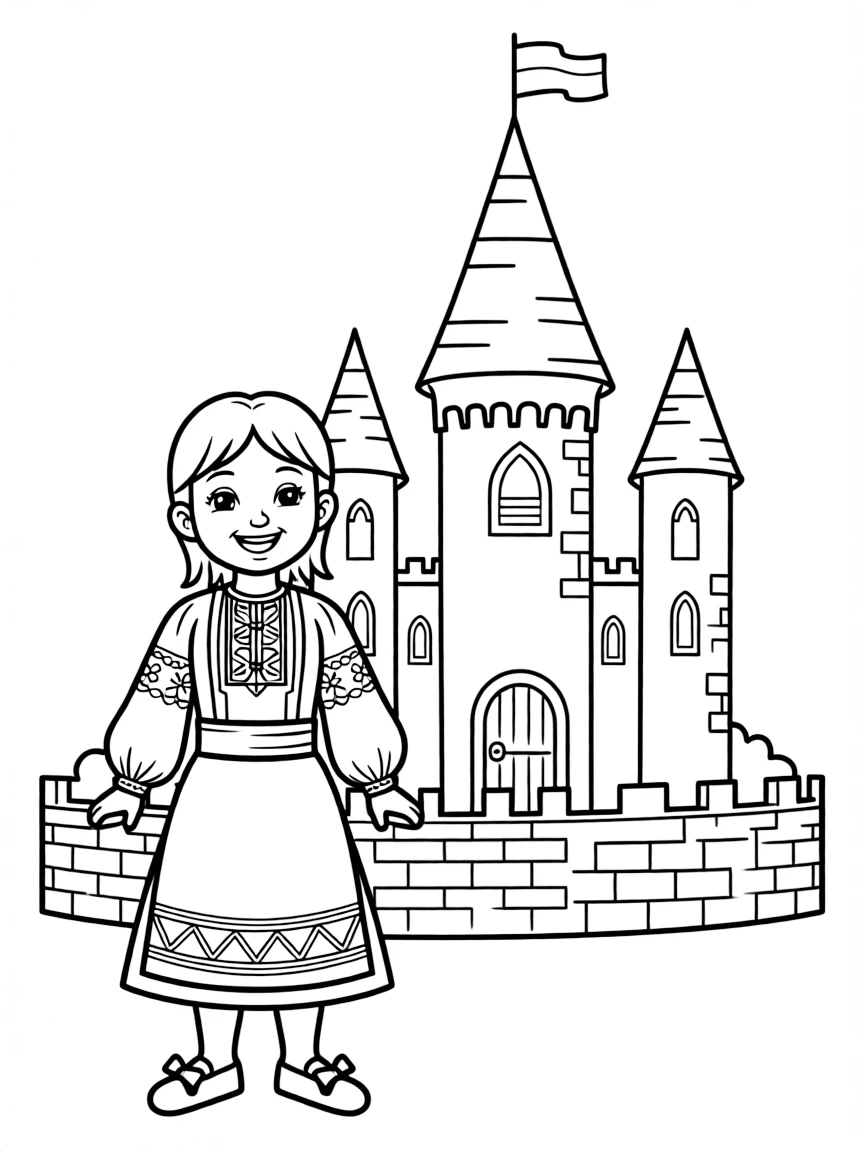 A happy child with a traditional costume and a castle for Romania.