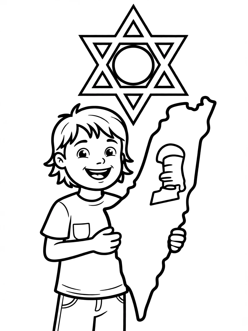 A cheerful child with a map of Israel and a star of David.