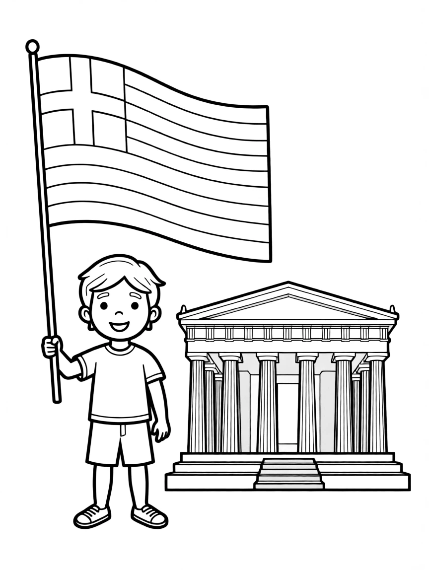 A child holding a flag of Greece and a temple.