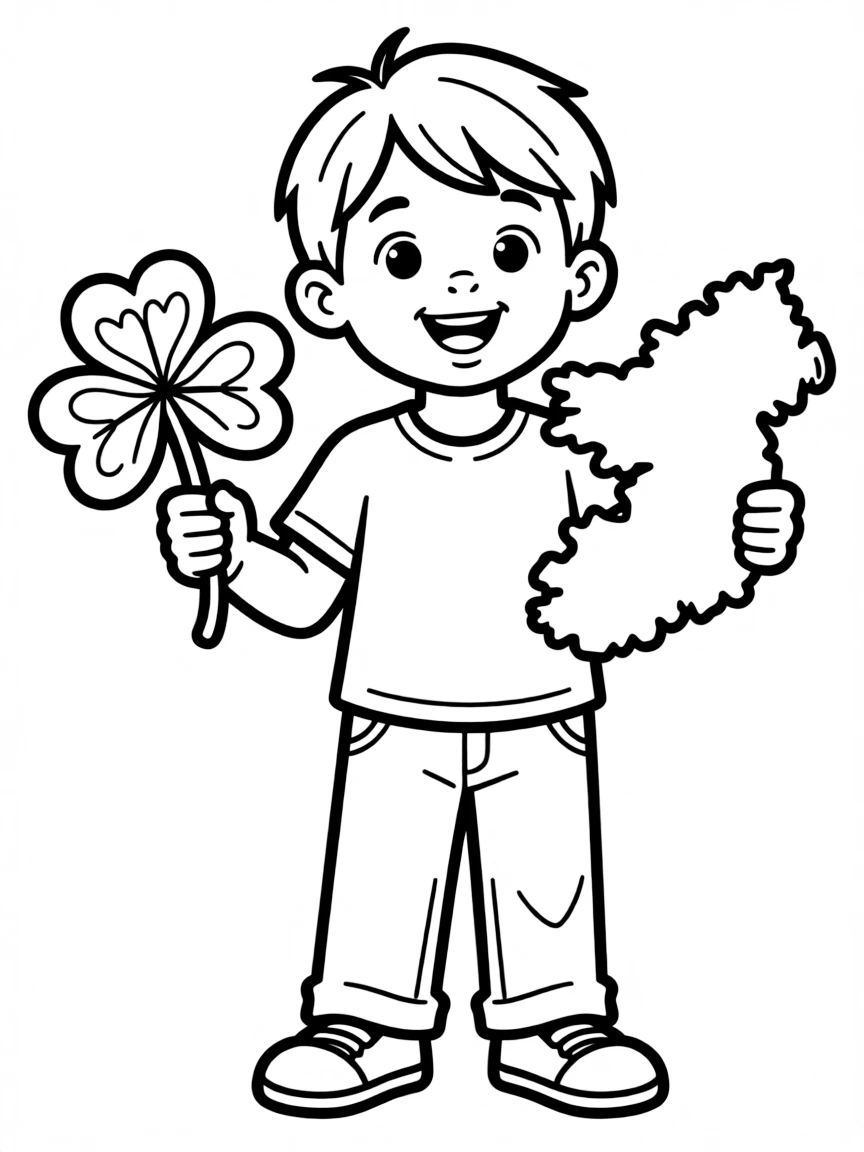 A smiling child with a shamrock and a map of Ireland.
