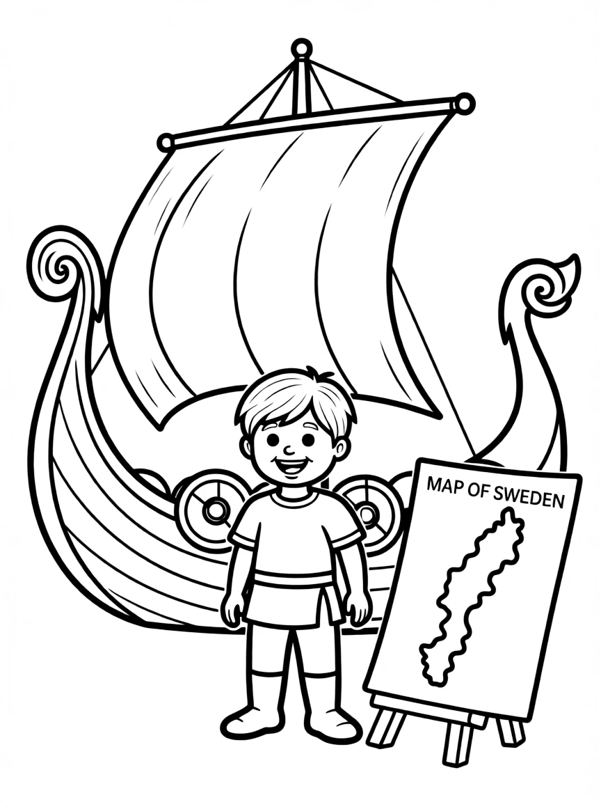 A happy child with a viking ship and a map of Sweden.