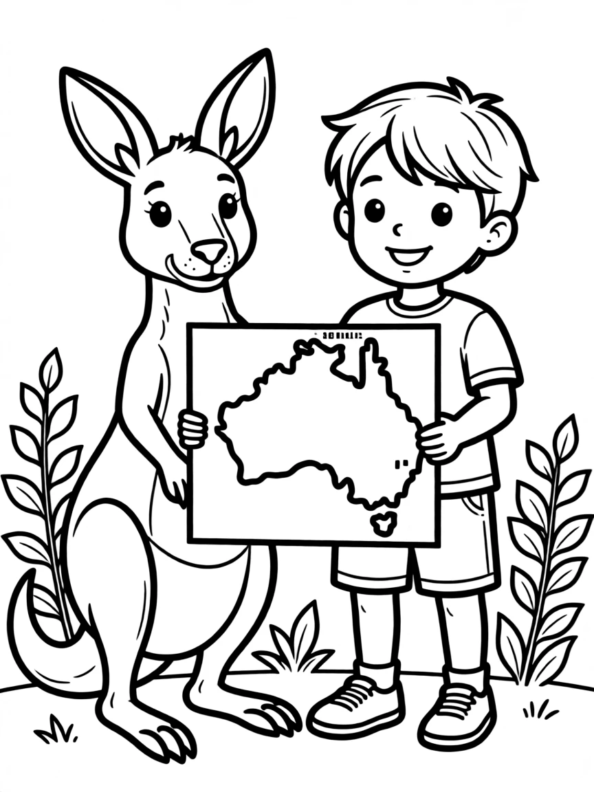 A child with a kangaroo and a map of Australia.