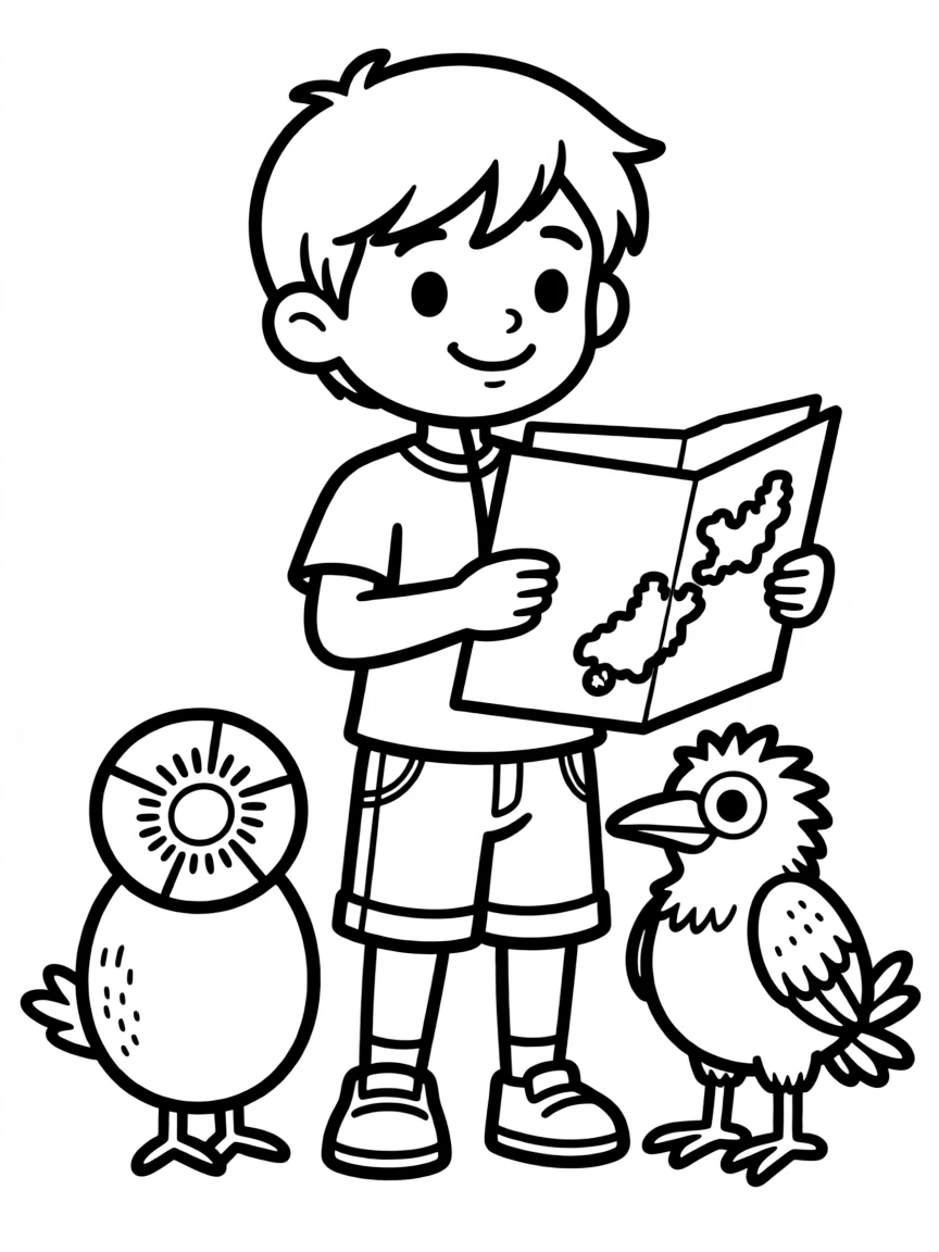A smiling child with a kiwi bird and a map of New Zealand.