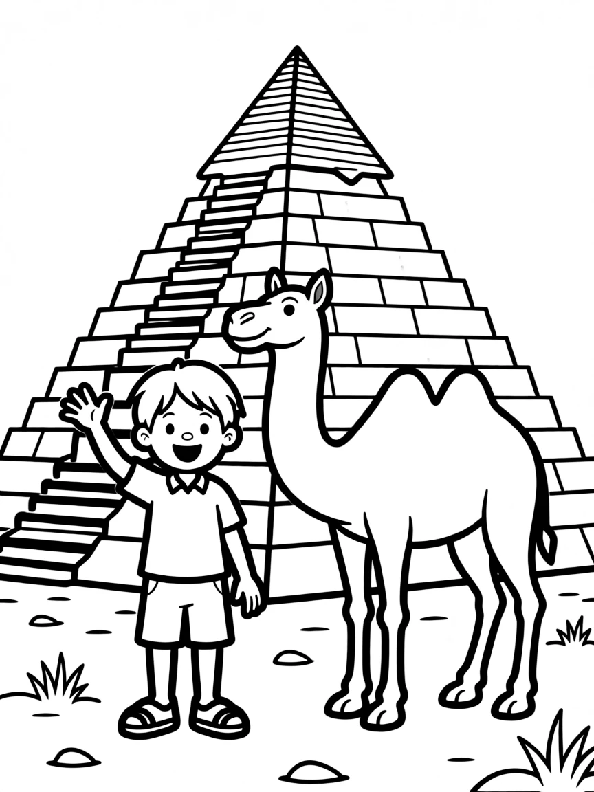 A cheerful child with a pyramid and a camel for Egypt.