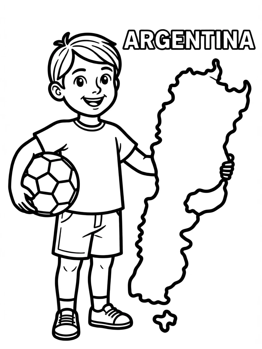 A child with a soccer ball and a map of Argentina.