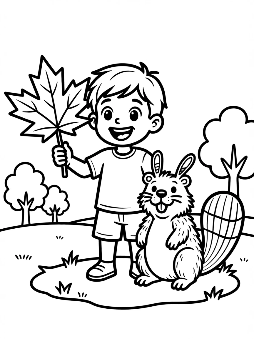 A smiling child with a maple leaf and a beaver for Canada.