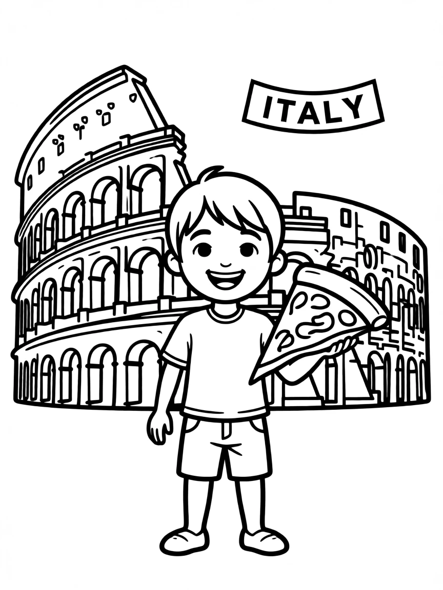 A happy child with a pizza slice and a colosseum for Italy.