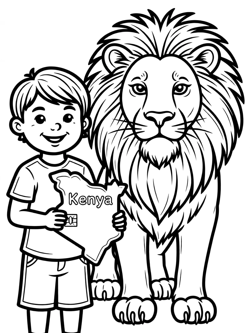A cheerful child with a lion and a map of Kenya.