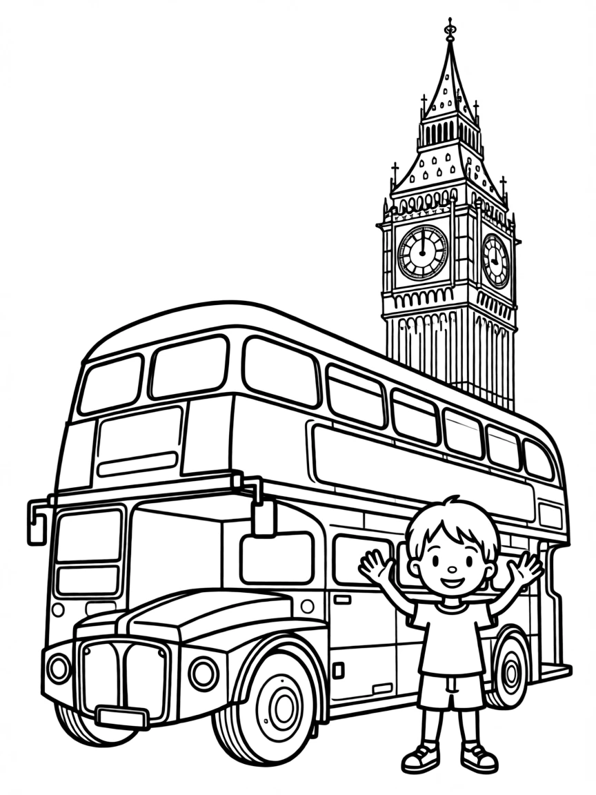 A child with a double-decker bus and Big Ben for United Kingdom.