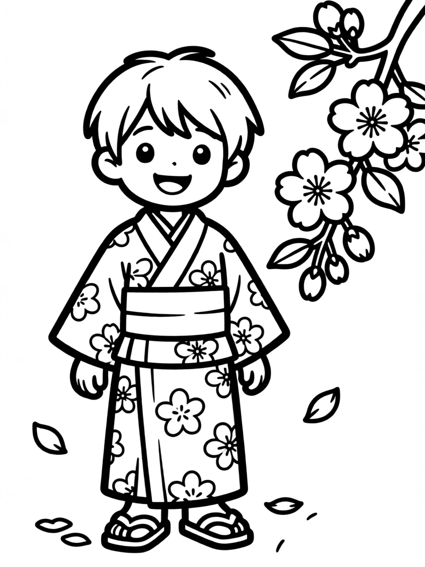A smiling child with a kimono and a cherry blossom for Japan.