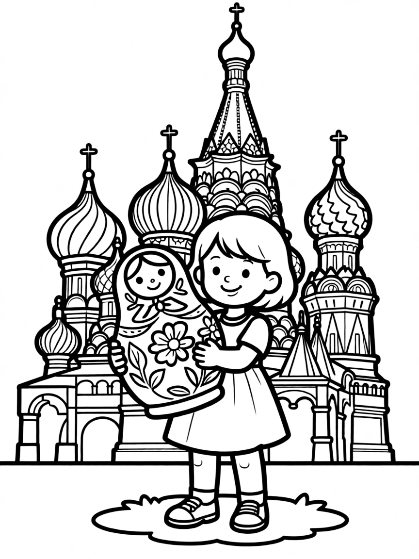 A happy child with a matryoshka doll and a onion dome building for Russia.