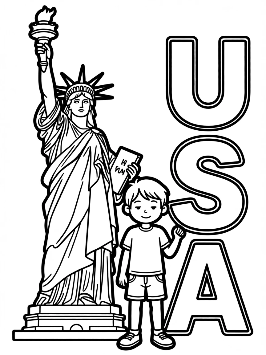 A child with a Statue of Liberty and the name USA.