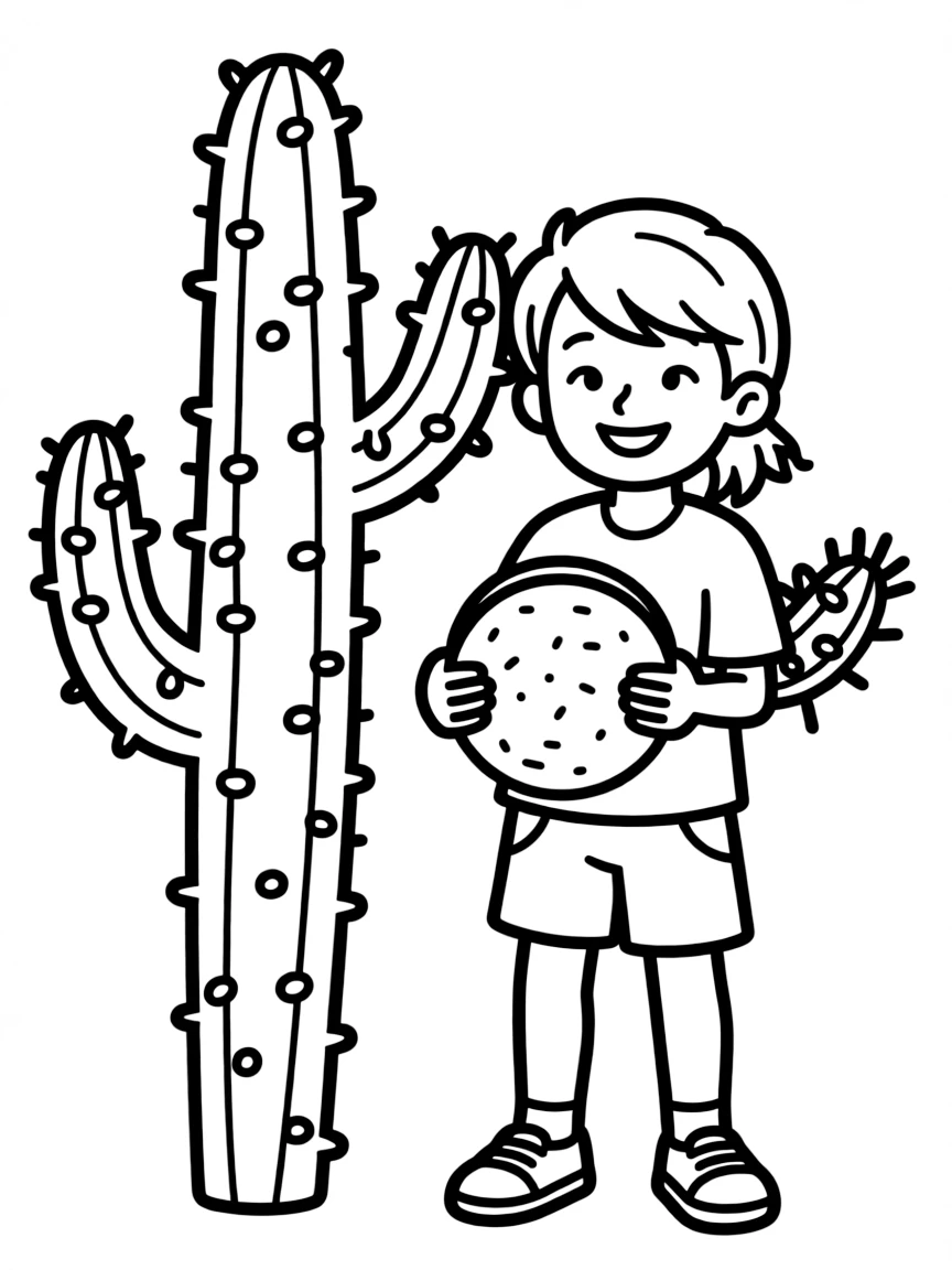 A cheerful child with a tortilla and a cactus for Mexico.