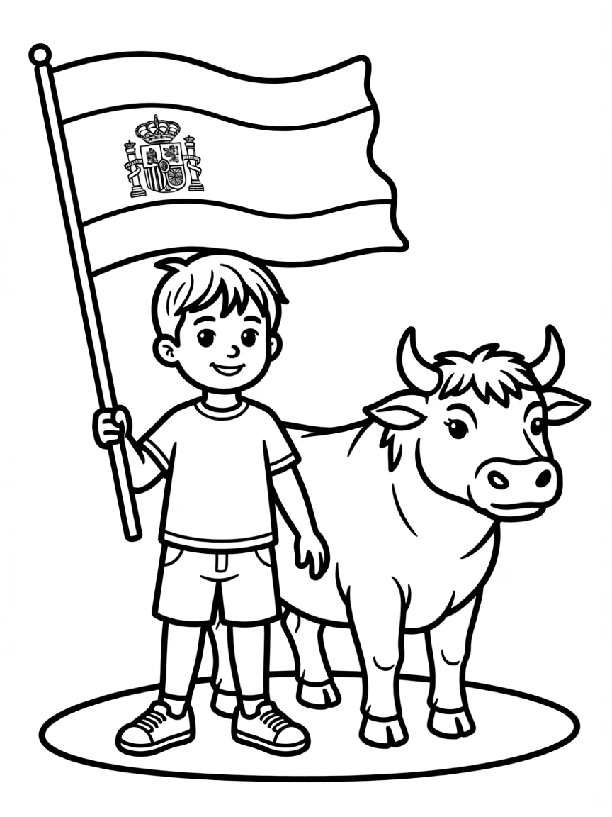 A smiling child with a flag of Spain and a bull.