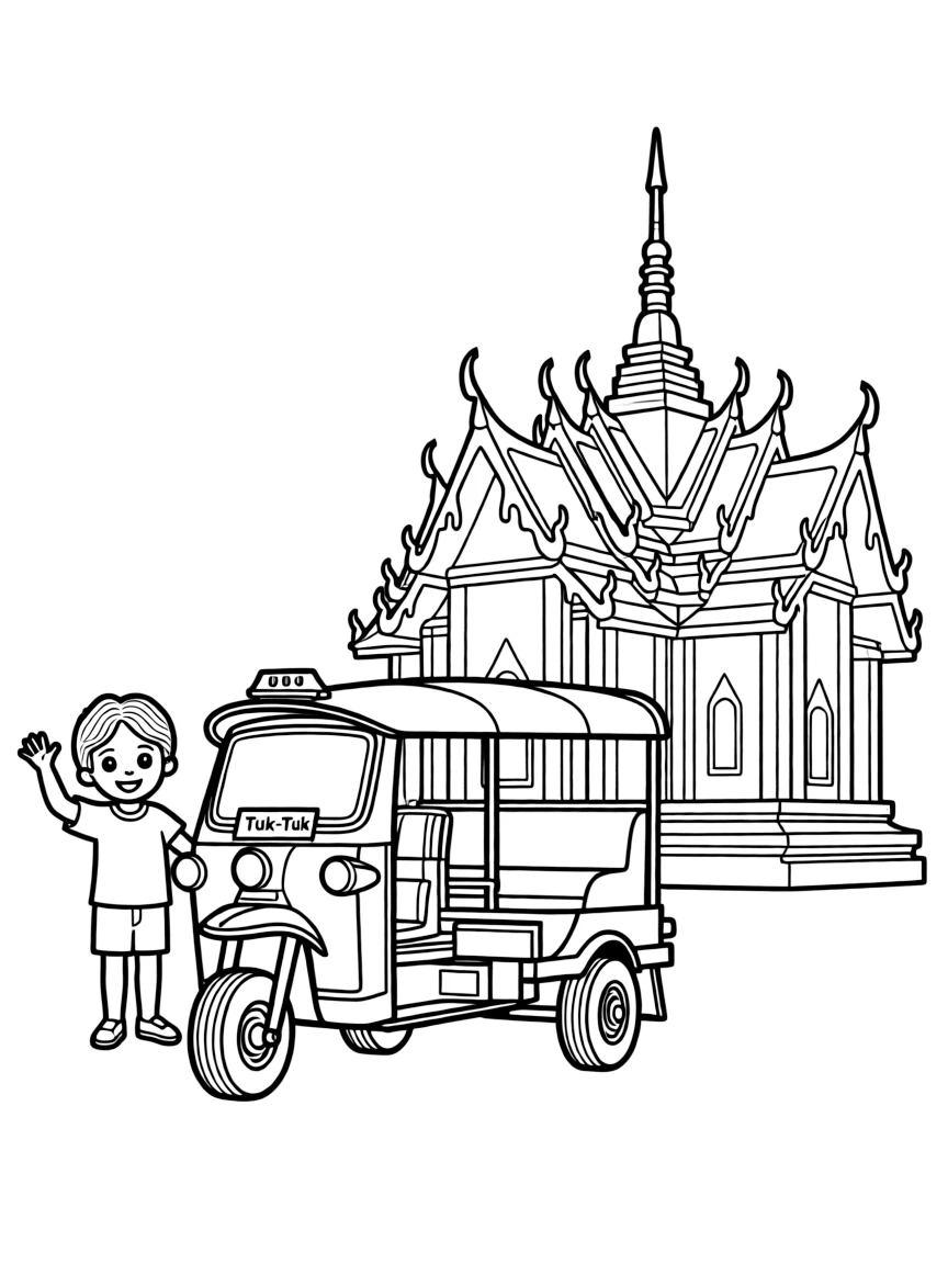 A happy child with a tuk-tuk and a temple for Thailand.