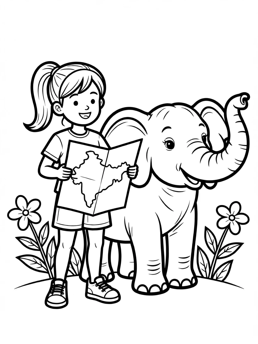 A cheerful child with a elephant and a map of India.
