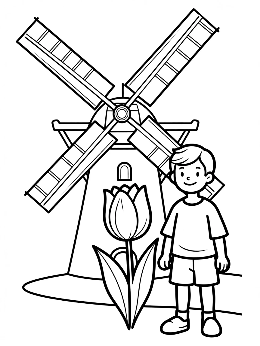 A child with a windmill and a tulip for Netherlands.