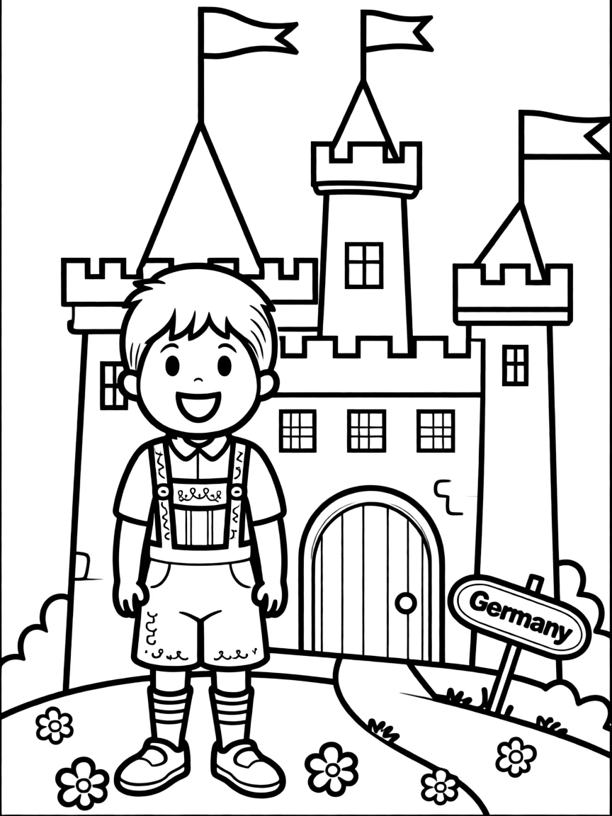 A smiling child with a lederhosen and a castle for Germany.