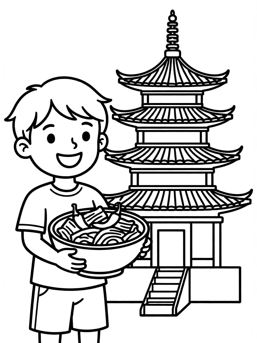 A cheerful child with a kimchi bowl and a pagoda for South Korea.
