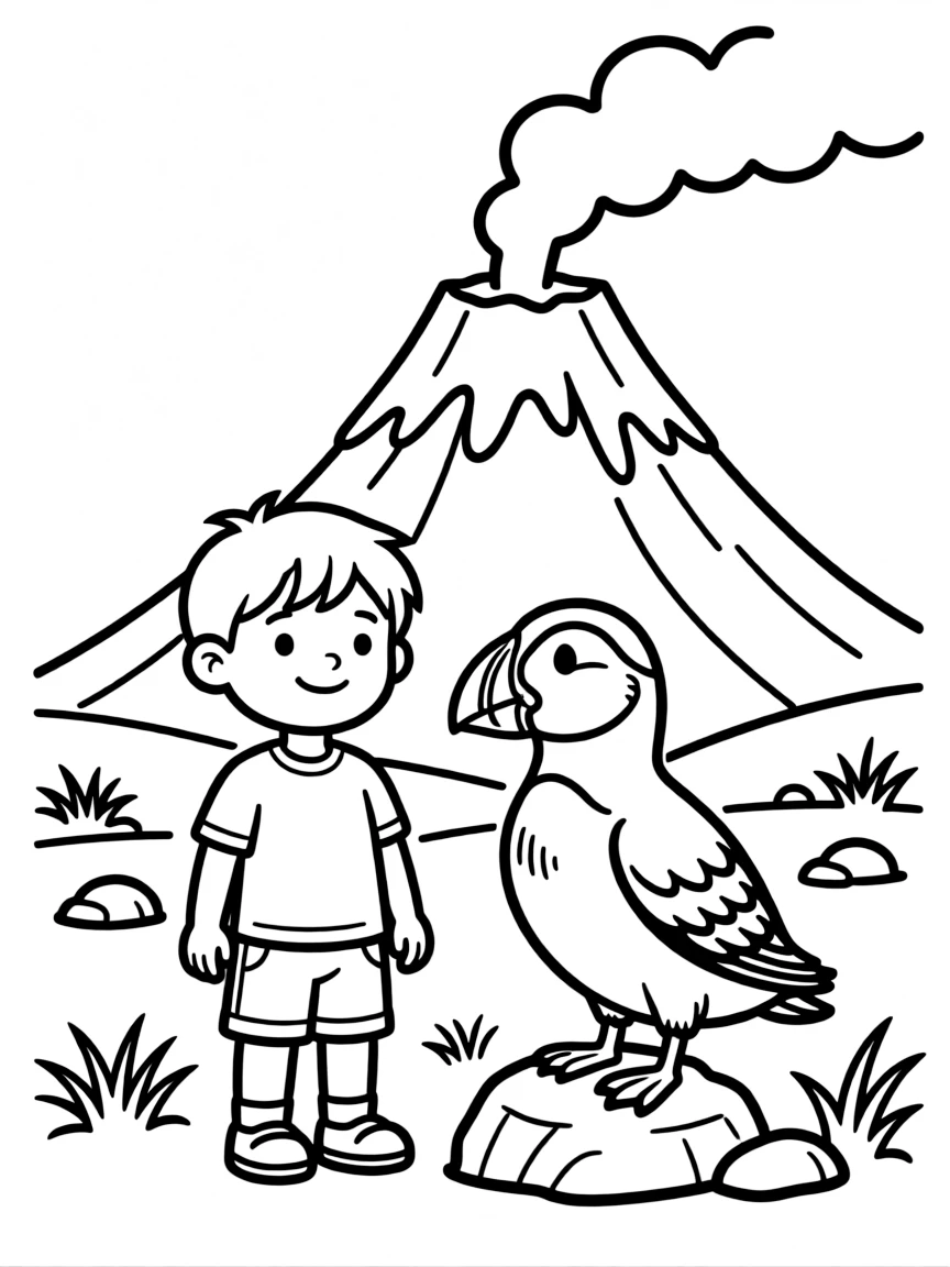 A child with a puffin bird and a volcano for Iceland.