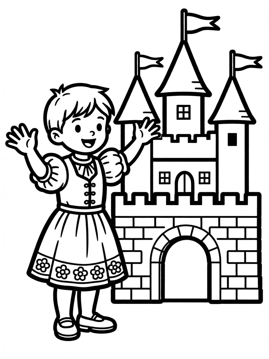 A smiling child with a traditional costume and a castle for Czech Republic.
