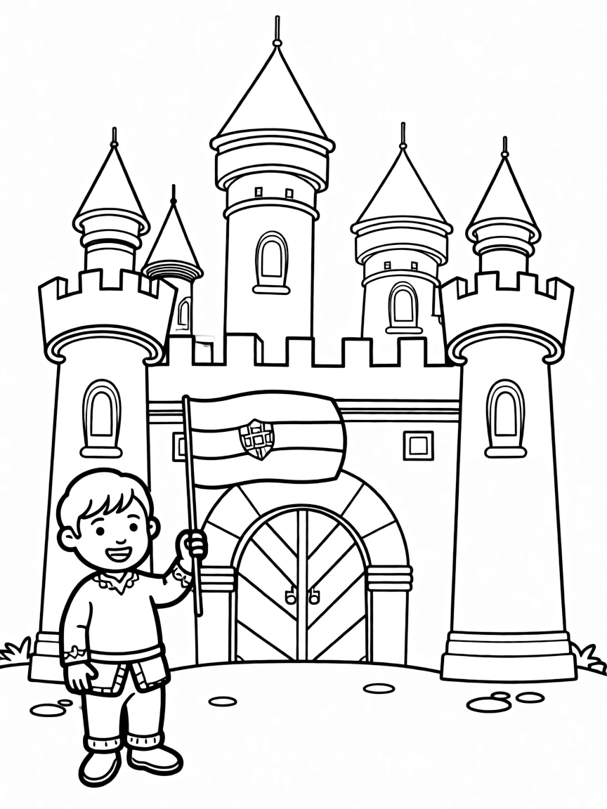 A happy child with a medieval castle and a flag for Hungary.