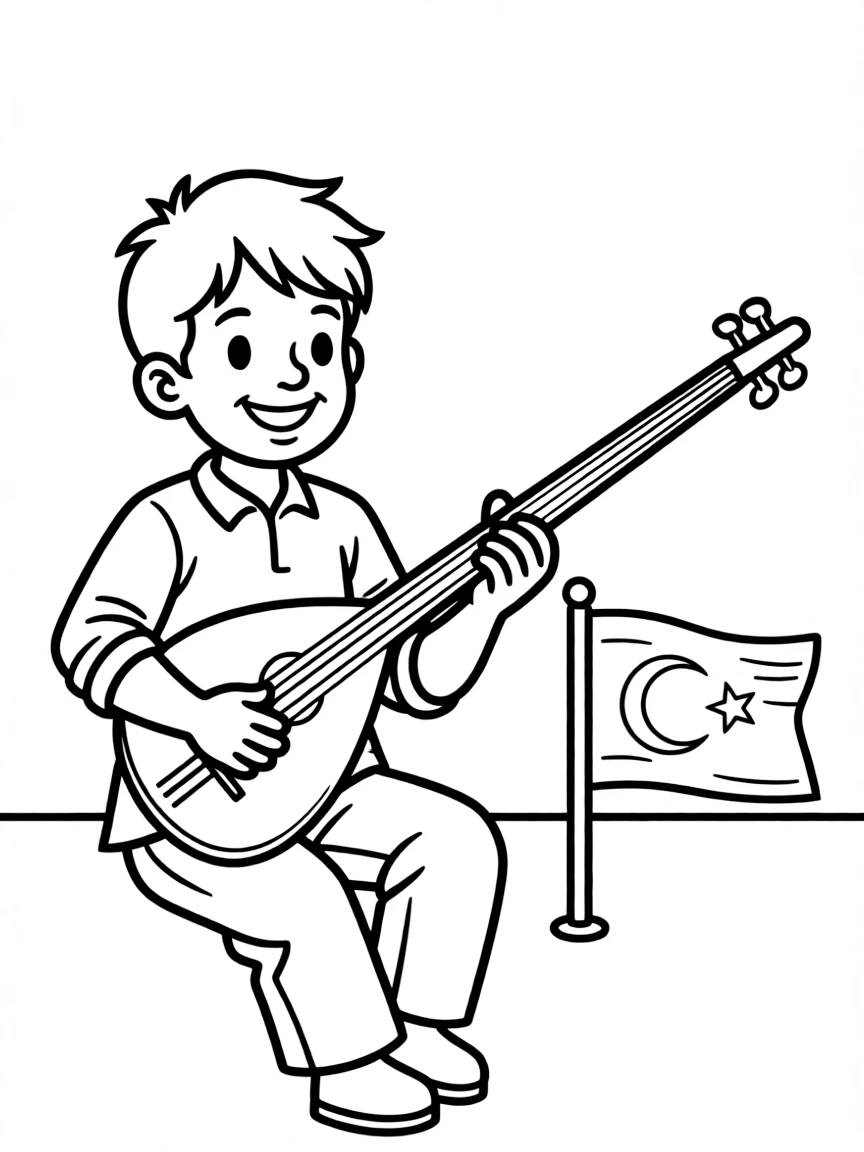 A cheerful child with a traditional instrument and a Turkish flag for Turkey.