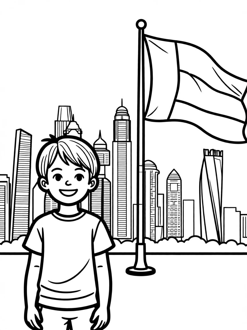 A smiling child with a modern city skyline and a flag for United Arab Emirates.