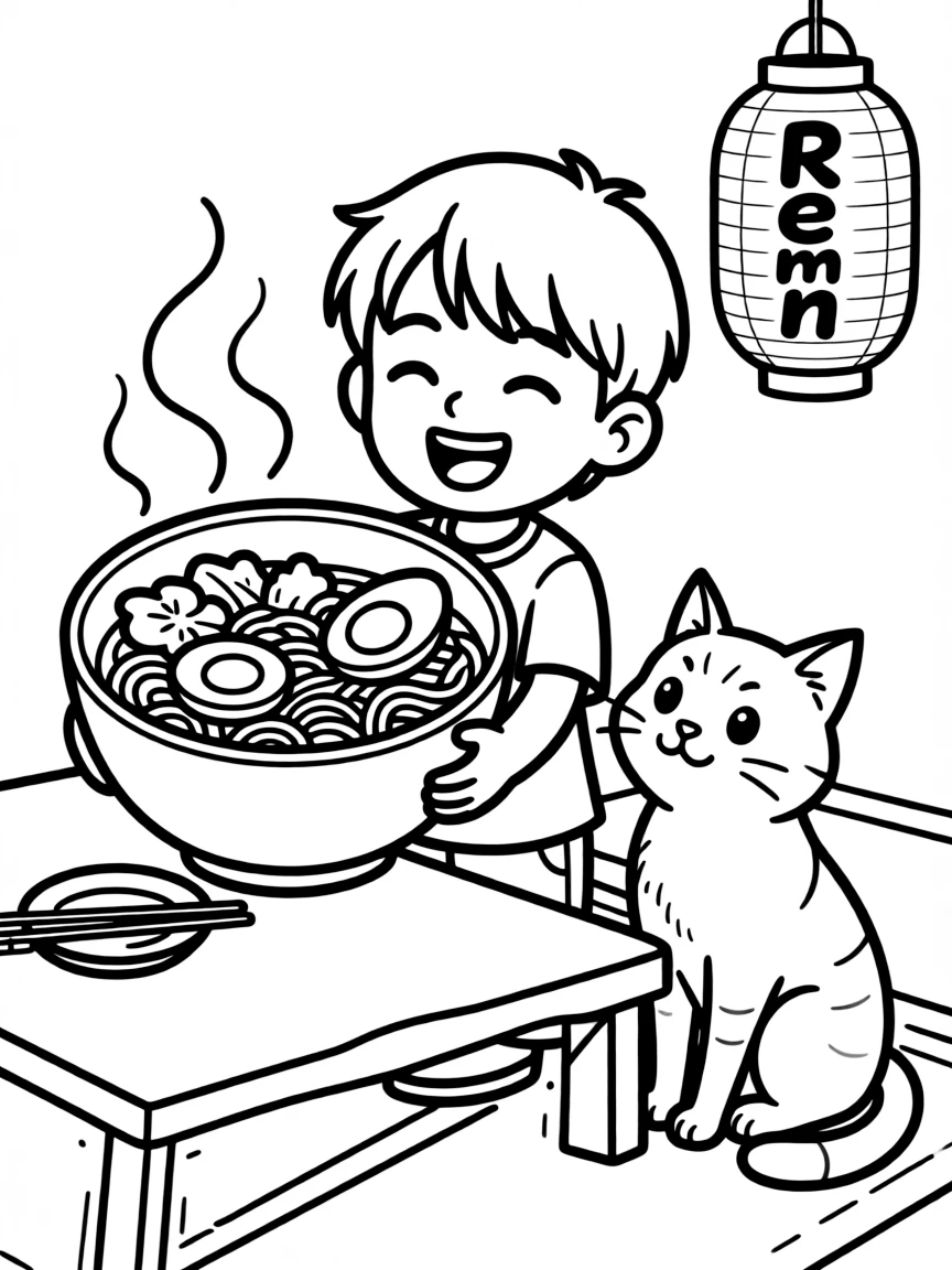 A happy child with a ramen bowl and a friendly cat for Japan.