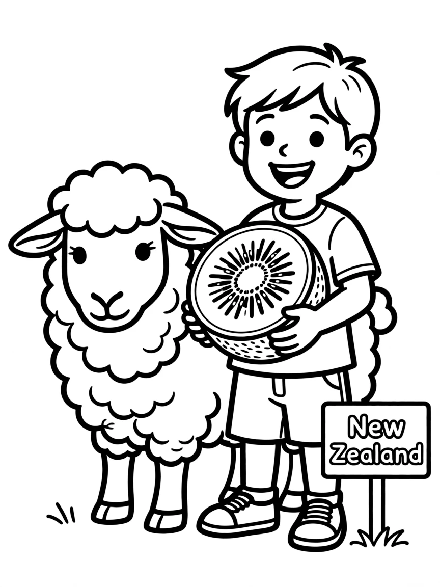 A smiling child with a kiwi fruit and a sheep for New Zealand.