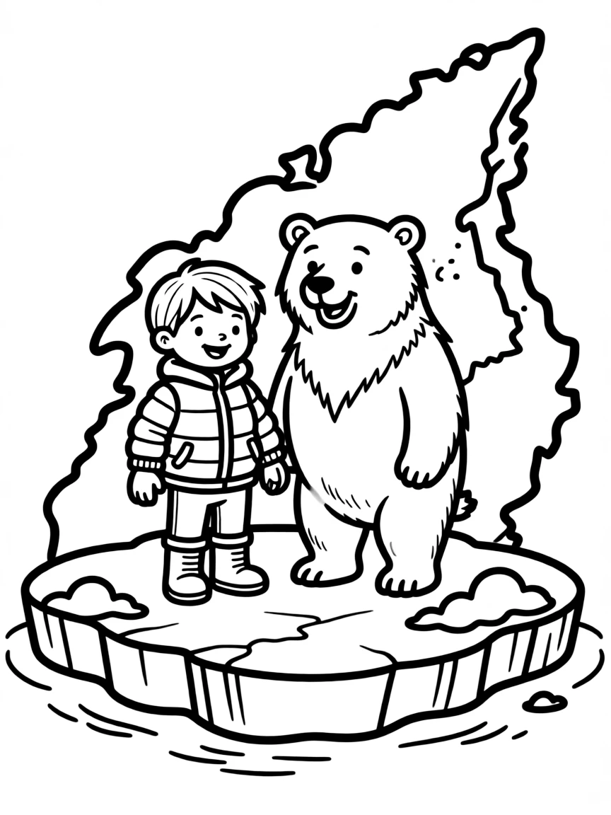 A happy child with a polar bear and an ice sheet for Greenland.