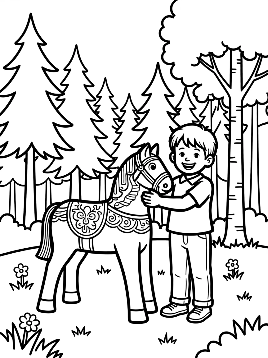 A cheerful child with a traditional wooden horse and a forest for Sweden.