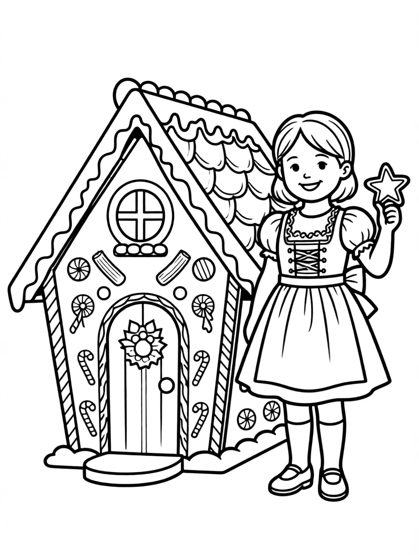 A smiling child with a gingerbread house and a traditional German dress for Germany.