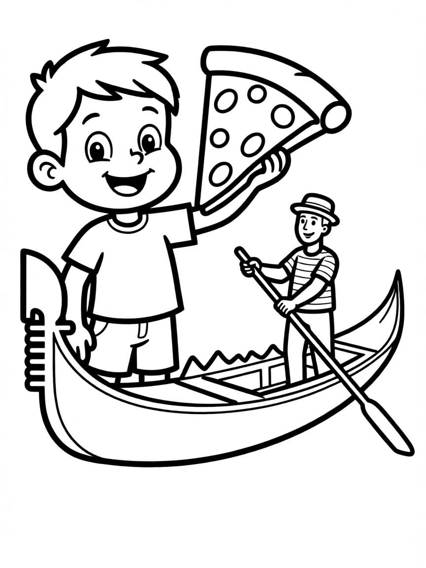A happy child with a pizza slice and a gondola for Italy.