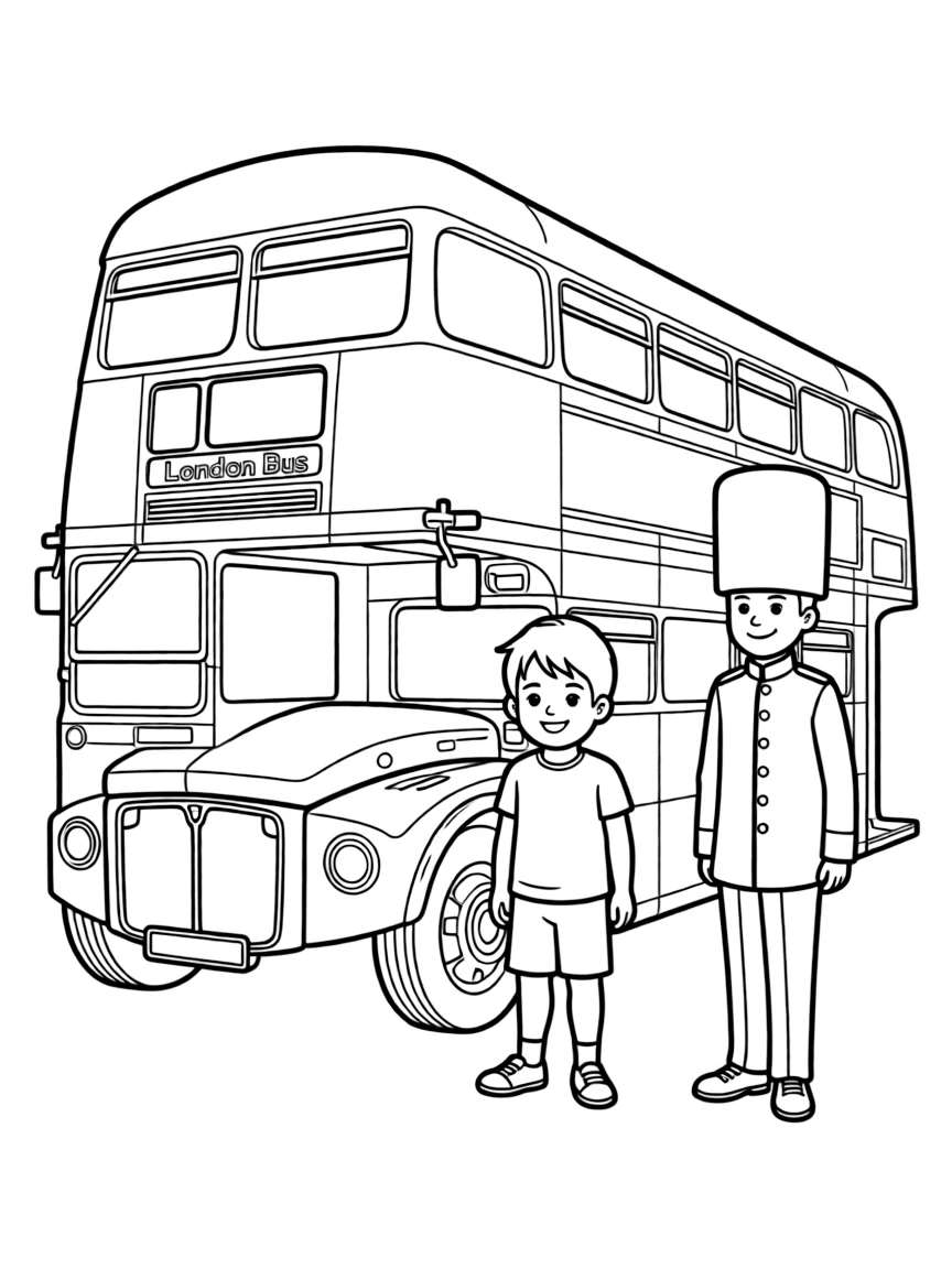 A cheerful child with a red bus and a guard in a bearskin hat for United Kingdom.