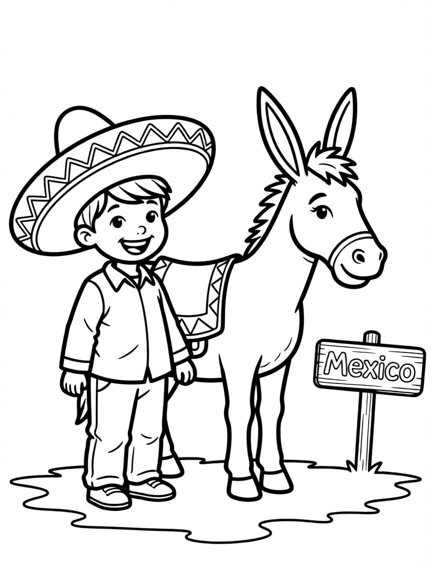 A smiling child with a sombrero and a donkey for Mexico.