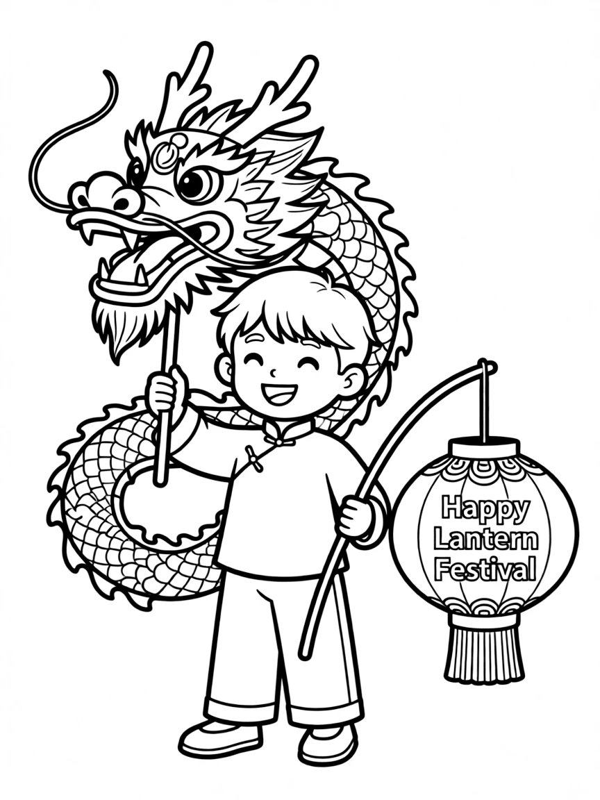 A happy child with a dragon dance and a Chinese lantern for China.
