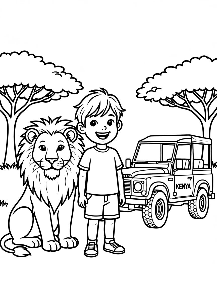 A cheerful child with a lion and a safari jeep for Kenya.