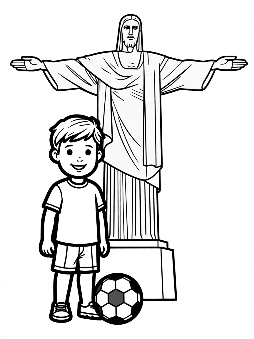 A smiling child with a soccer ball and a Christ the Redeemer statue for Brazil.