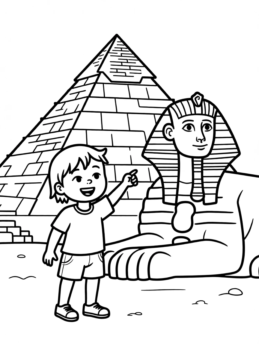 A child with a pyramid and a sphinx for Egypt.