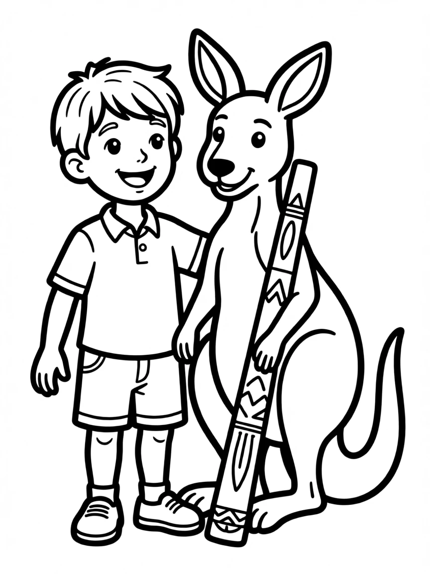 A happy child with a kangaroo and a didgeridoo for Australia.