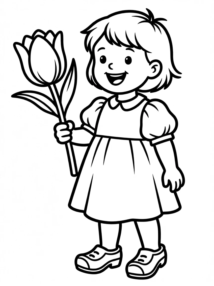 A cheerful child with a tulip and wooden clogs for Netherlands.