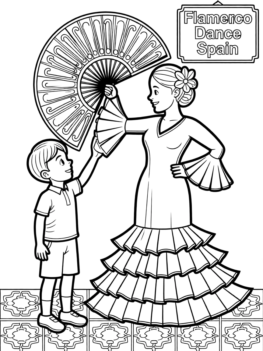 A child with a flamenco dancer and a fan for Spain.