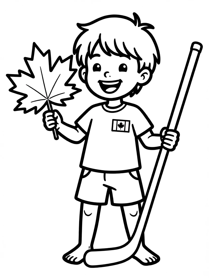 A smiling child with a maple leaf and a hockey stick for Canada.