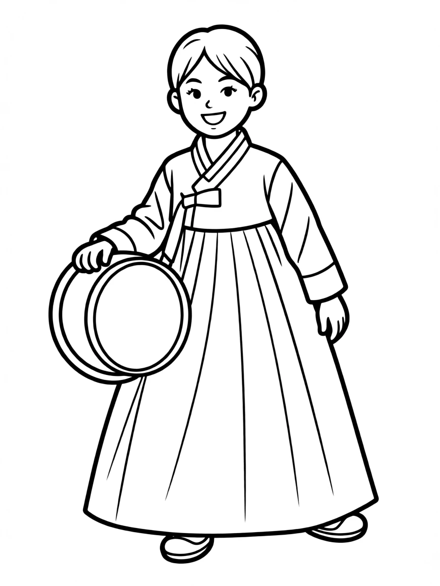 A happy child with a traditional Korean hanbok and a drum for South Korea.