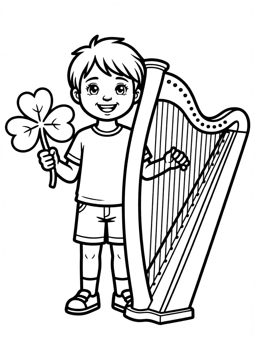 A cheerful child with a shamrock and a harp for Ireland.